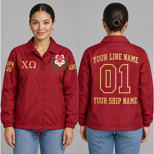 Chi Omega Cardinal and Straw personalized coach line jacket on an adult model, original supplied crest and ΧΩ letters, sample line name, line number 01, ship name, crossing year and chapter initials.