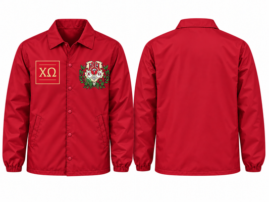 Chi Omega Custom Embroidered Coach Line Jacket, Solid Cardinal