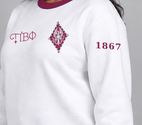 Pi Beta Phi premium embroidered white solid contrast trim crewneck sweatshirt on model - founding year sleeve detail