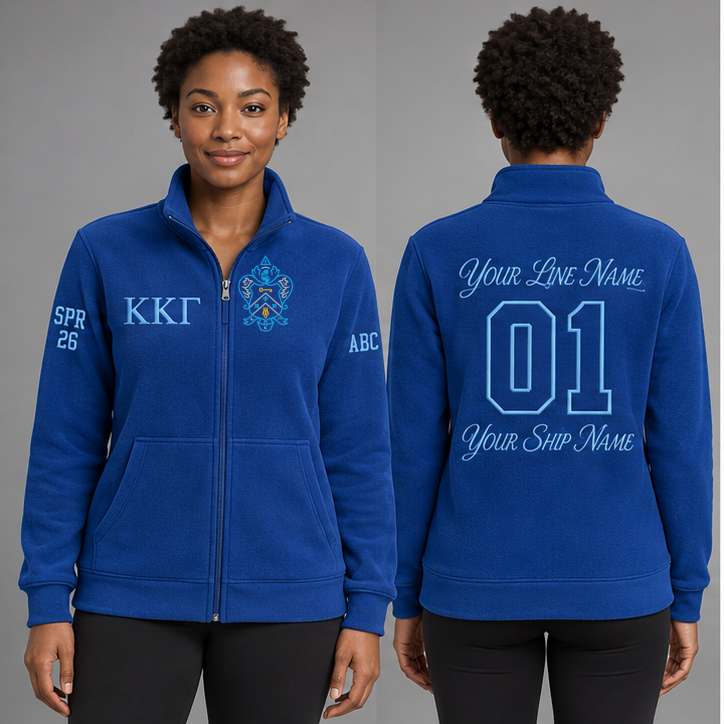 Kappa Kappa Gamma Kappa Blue and Gamma Blue personalized full-zip sweatshirt on an adult model, original supplied crest and ΚΚΓ letters, sample line name, line number01, ship name, crossing year and chapter initials.