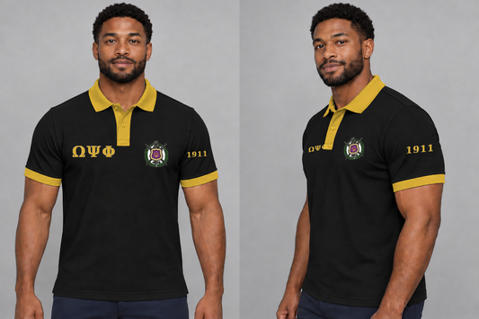 Omega Psi Phi premium embroidered black solid contrast trim polo on model - front and side