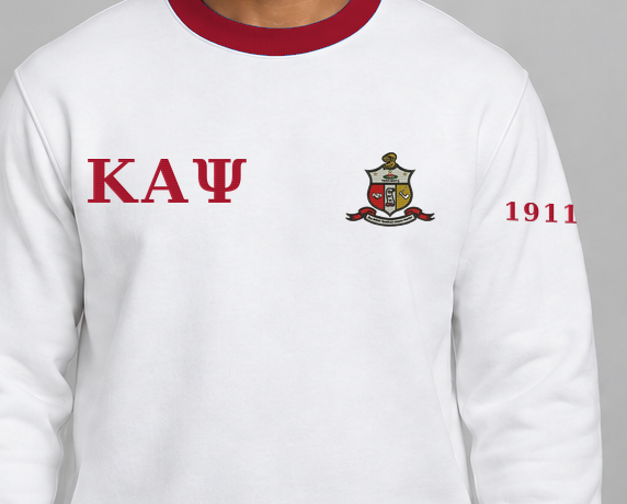 Kappa Alpha Psi premium embroidered white solid contrast trim crewneck sweatshirt on model - chest embroidery close-up