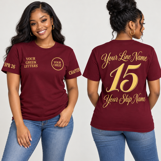 Custom Sorority Calligraphy Burgundy line name number ship name crossing shirt