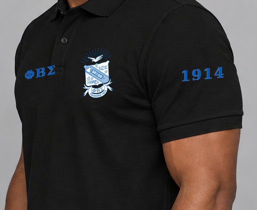Phi Beta Sigma premium embroidered black solid polo on model - founding year sleeve detail
