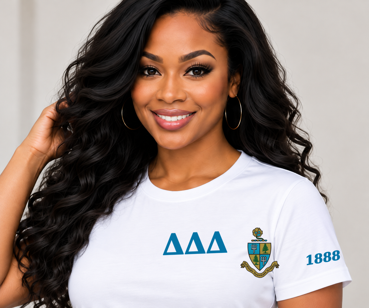 Delta Delta Delta White classic printed T-shirt — model close-up