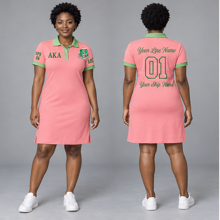 Alpha Kappa Alpha Salmon Pink and Apple Green personalized polo dress on an adult model, original supplied crest and ΑΚΑ letters, sample line name, line number 01, ship name, crossing year and chapter initials.