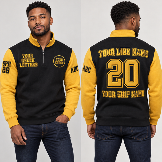 Quarter-Zip Sweatshirt Black Gold embroidered line name number ship name front back and sleeves on model
