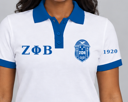 Zeta Phi Beta premium embroidered white solid contrast trim polo on model - chest embroidery close-up