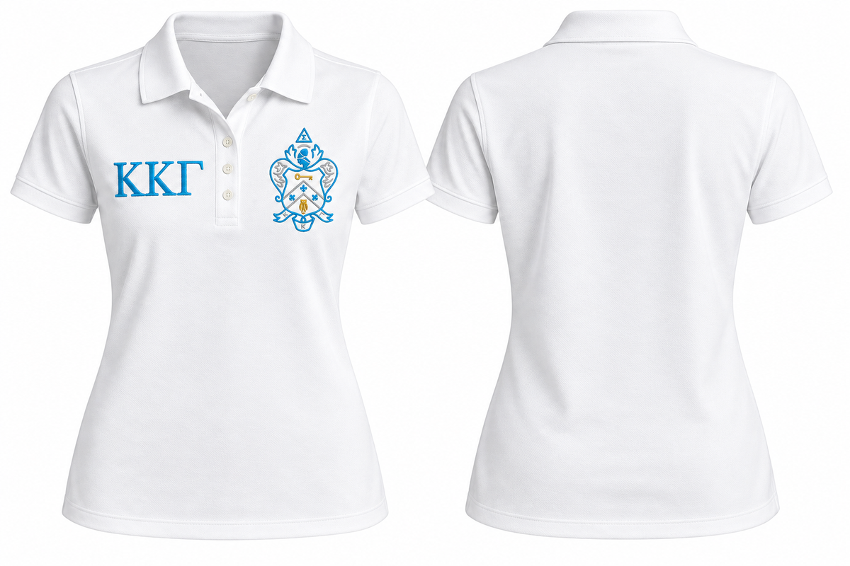 White Kappa Kappa Gamma women's polo, Crest + Greek Letters design, front and plain back