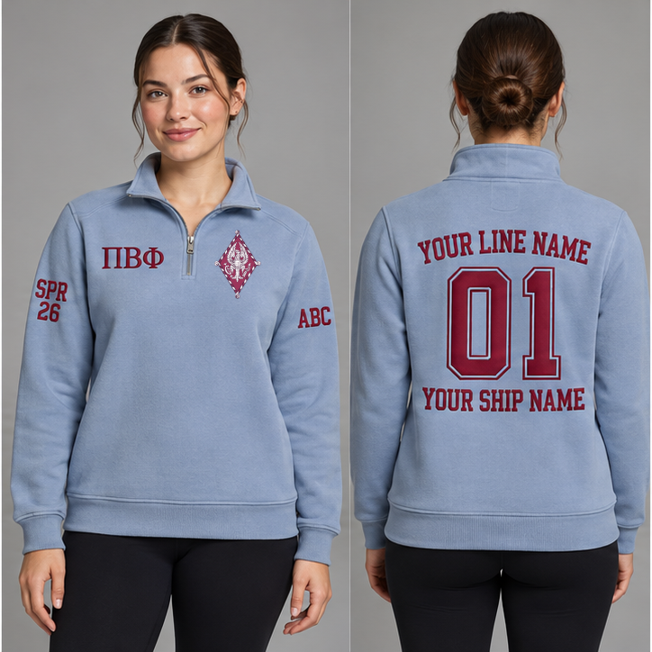 Pi Beta Phi Silvery Blue and Wine personalized quarter-zip sweatshirt on an adult model, original supplied crest and ΠΒΦ letters, sample line name, line number01, ship name, crossing year and chapter initials.
