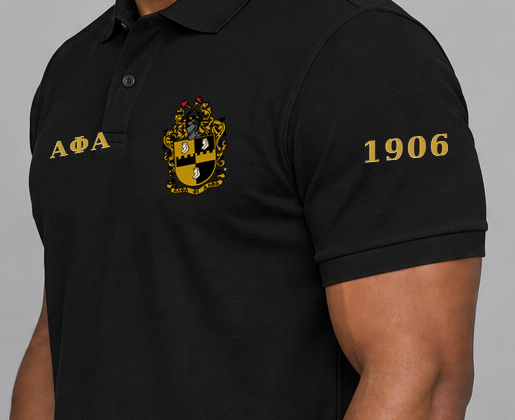 Alpha Phi Alpha premium embroidered black solid polo on model - founding year sleeve detail
