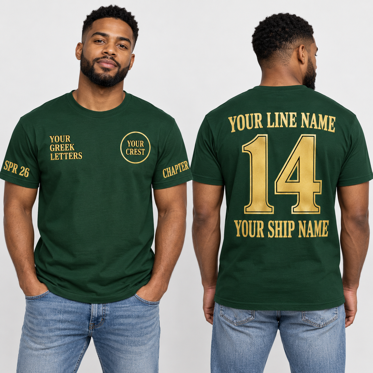 Custom Fraternity Heritage Serif Forest Green line name number ship name crossing shirt