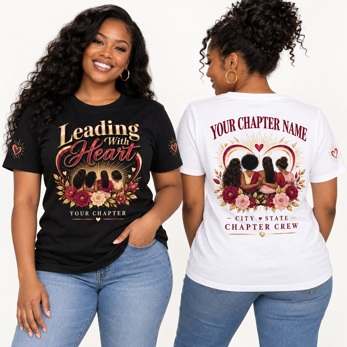 Custom Sorority Leading With Heart chapter group shirt on models