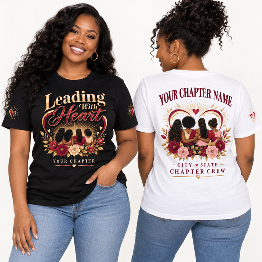 Custom Sorority Leading With Heart chapter group shirt on models