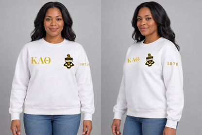 Kappa Alpha Theta premium embroidered white solid crewneck sweatshirt on model - front and side
