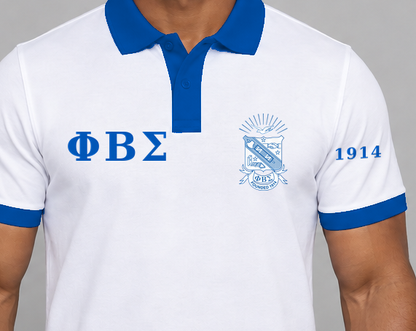 Phi Beta Sigma premium embroidered white solid contrast trim polo on model - chest embroidery close-up