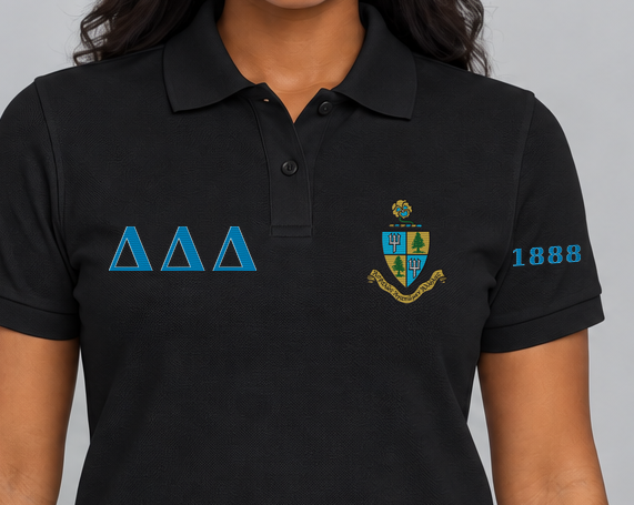 Delta Delta Delta premium embroidered black solid polo on model - chest embroidery close-up