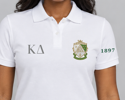 Kappa Delta premium embroidered white solid polo on model - chest embroidery close-up