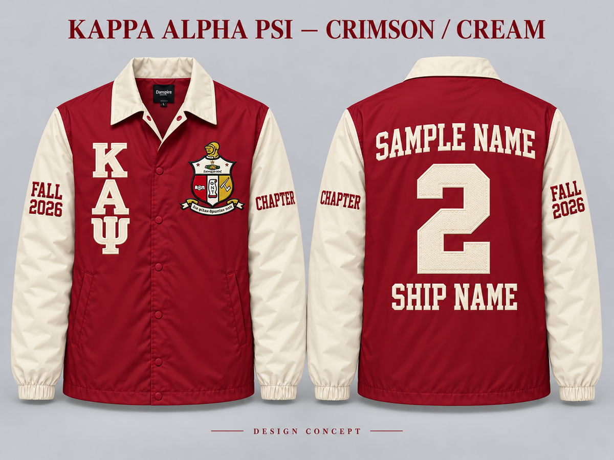 Kappa Alpha Psi Crimson body with Cream collar and sleeves contrast line jacket, front and back sample embroidery