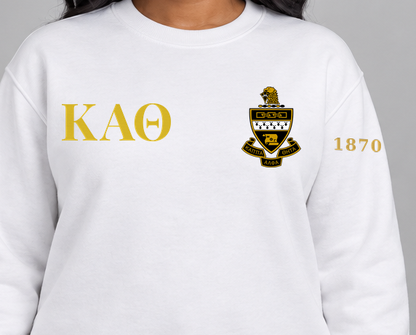 Kappa Alpha Theta premium embroidered white solid crewneck sweatshirt on model - chest embroidery close-up