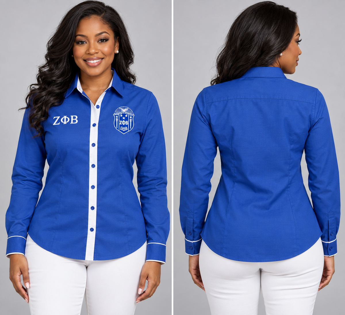 Zeta Phi Beta fitted royal blue and white Oxford shirt with embroidered crest and ΖΦΒ, front and back on a model