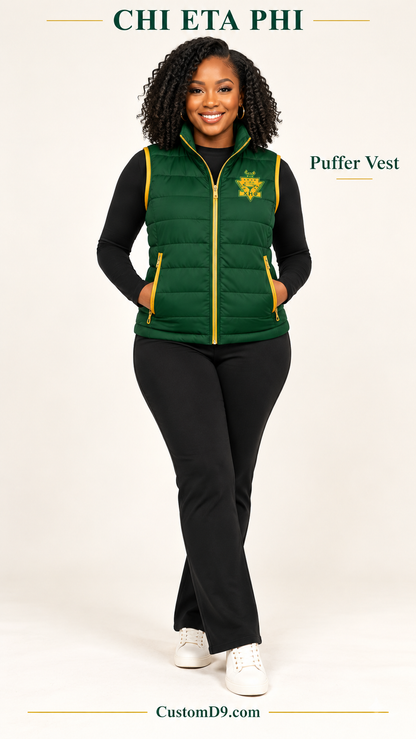 Chi Eta Phi Puffer Vest dark green gold shield crest version on model