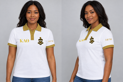 Kappa Alpha Theta premium embroidered white solid contrast trim polo on model - front and side