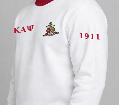 Kappa Alpha Psi premium embroidered white solid contrast trim crewneck sweatshirt on model - founding year sleeve detail