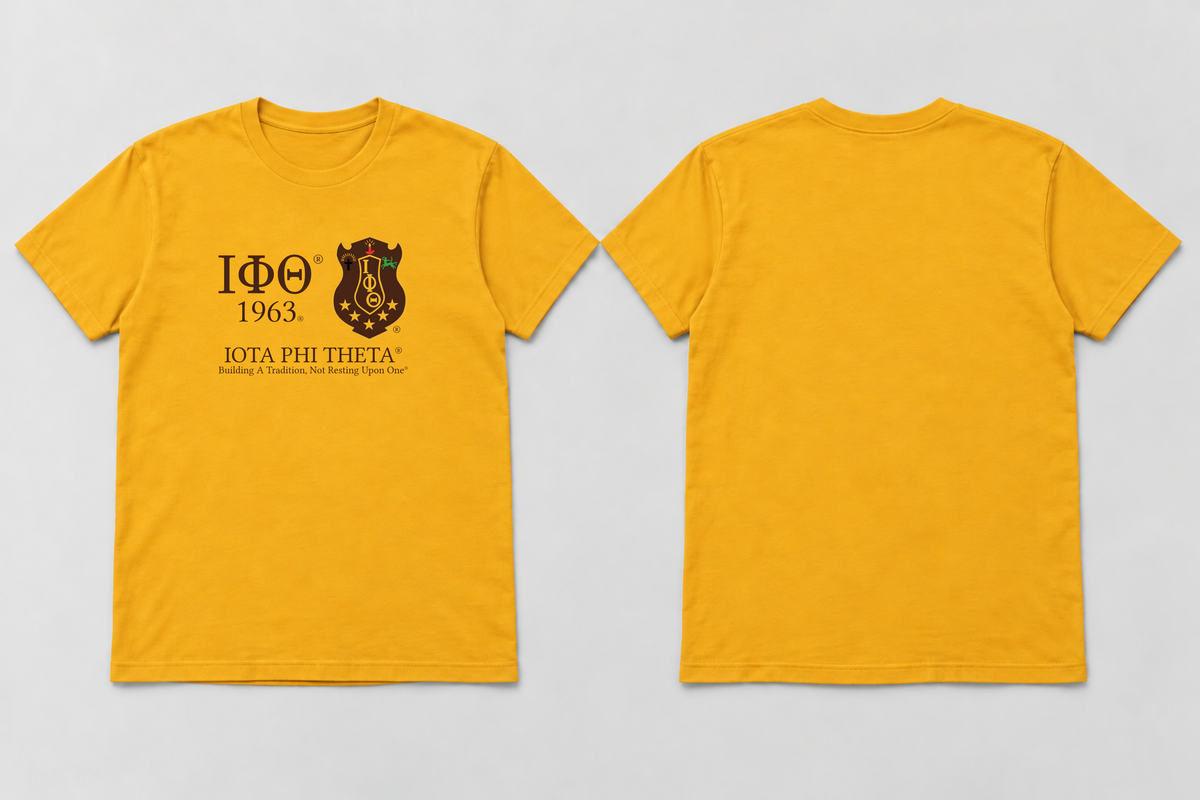 Approved Iota Phi Theta gilded gold Greek Shield Motto T-shirt