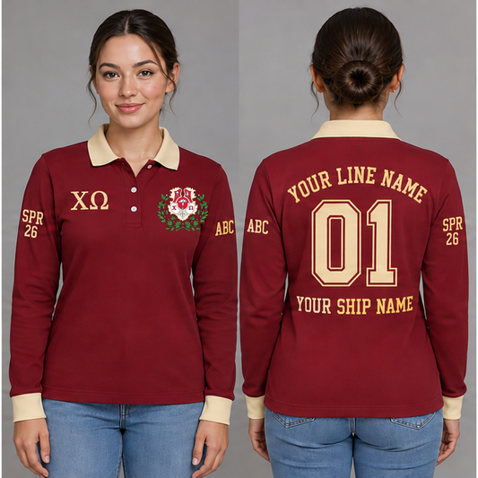 Chi Omega Cardinal and Straw long sleeve chapter polo on an adult model, original supplied crest and ΧΩ letters, sample line name, number 01, ship name, crossing year and chapter initials.