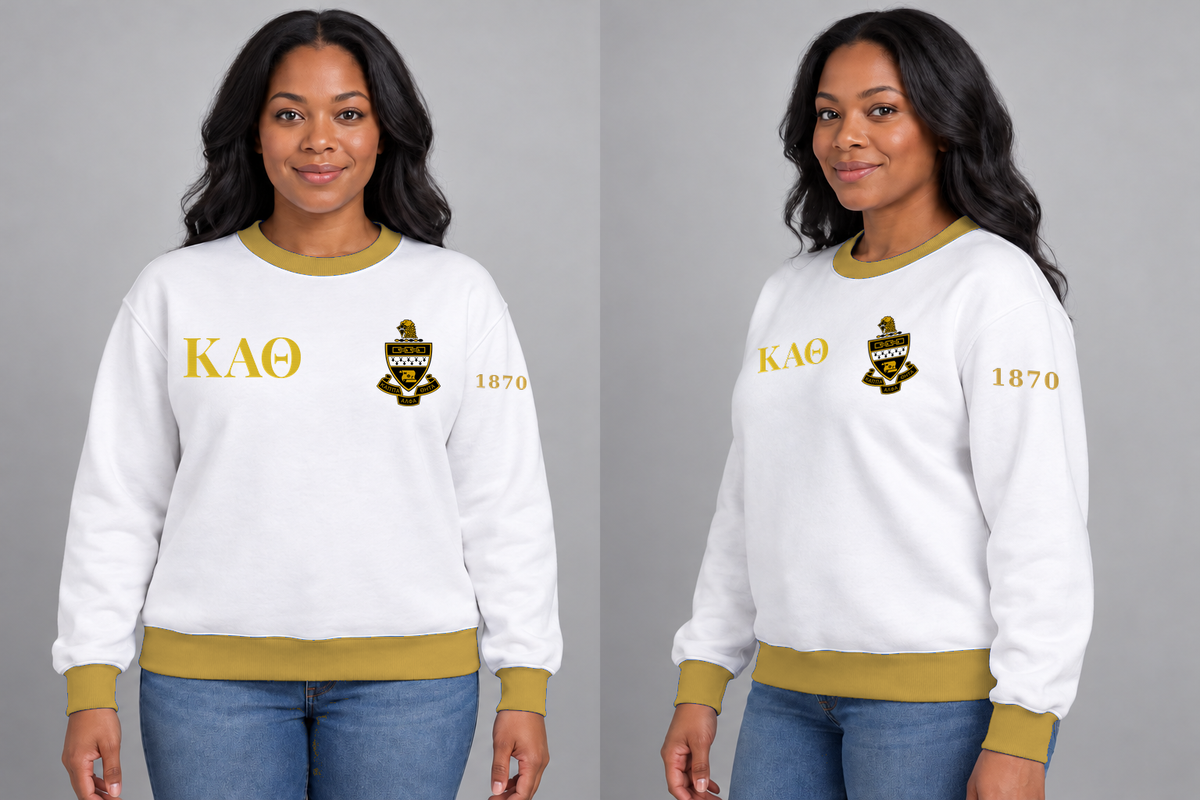 Kappa Alpha Theta premium embroidered white solid contrast trim crewneck sweatshirt on model - front and side
