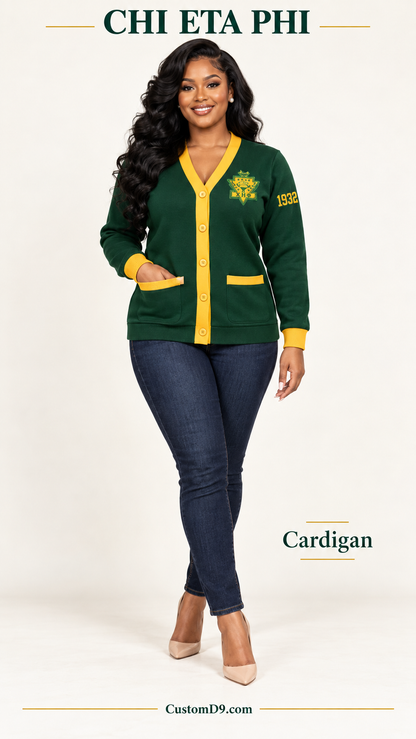 Chi Eta Phi Cardigan dark green gold shield crest version on model