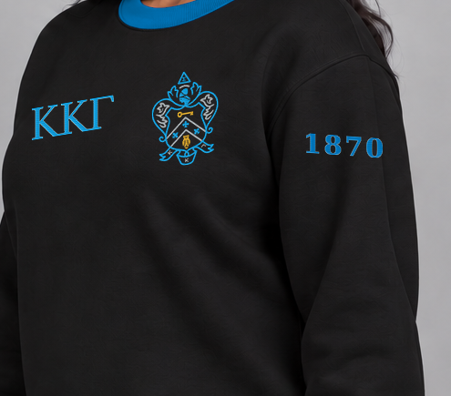 Kappa Kappa Gamma premium embroidered black solid contrast trim crewneck sweatshirt on model - founding year sleeve detail