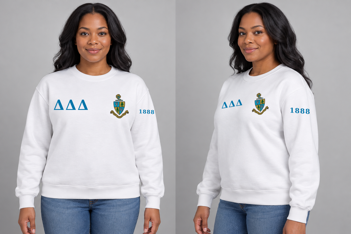 Delta Delta Delta premium embroidered white solid crewneck sweatshirt on model - front and side