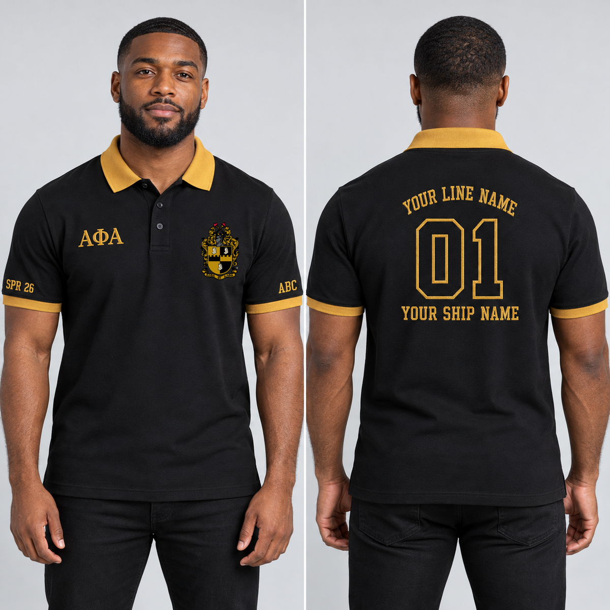 Alpha Phi Alpha Black and Old Gold personalized chapter polo on an adult model, supplied original crest and ΑΦΑ letters, sample line name, 01, ship name and sleeve text.