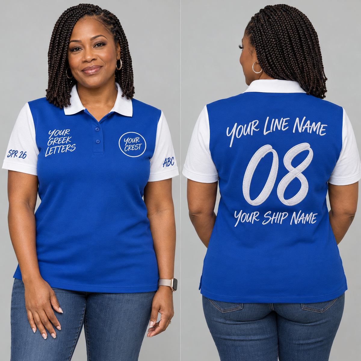 Royal Blue White embroidered chapter polo with crest letters line name number ship name crossing year and chapter initials