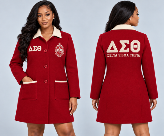 Black woman modeling Delta Sigma Theta crimson and cream fitted premium wool blend coat with chenille Greek letters and embroidered crest, front and back views.