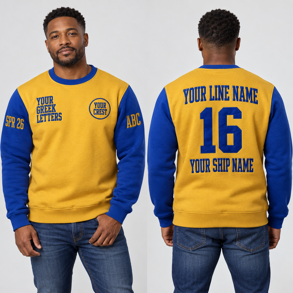 Crewneck Sweatshirt Gold Royal Blue embroidered line name number ship name front back and sleeves on model