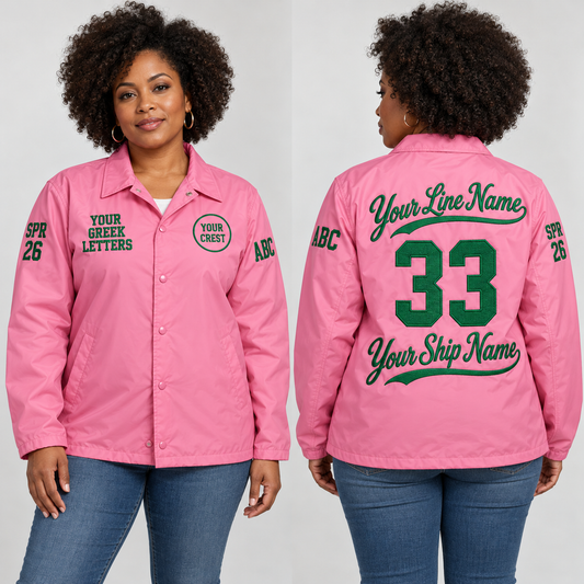 Coach Line Jacket Pink Green embroidered line name number ship name front back and sleeves on model