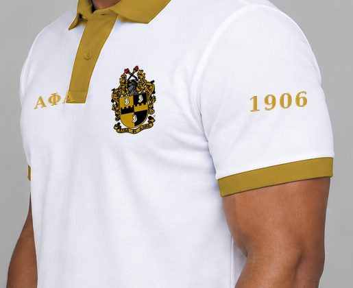 Alpha Phi Alpha premium embroidered white solid contrast trim polo on model - founding year sleeve detail