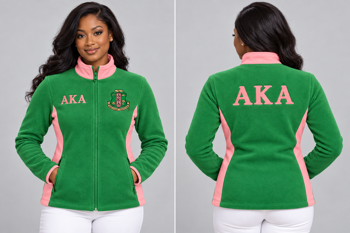 Alpha Kappa Alpha fitted Apple Green and Salmon Pink polar fleece jacket on woman model, front and back