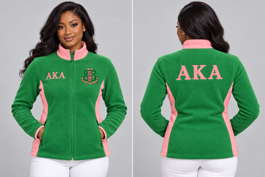 Alpha Kappa Alpha fitted Apple Green and Salmon Pink polar fleece jacket on woman model, front and back