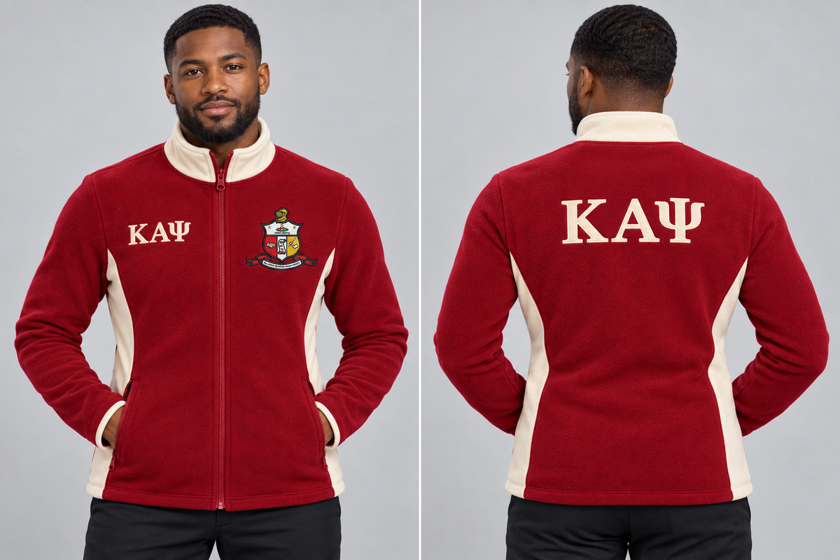Kappa Alpha Psi fitted Crimson and Cream polar fleece jacket on man model, front and back