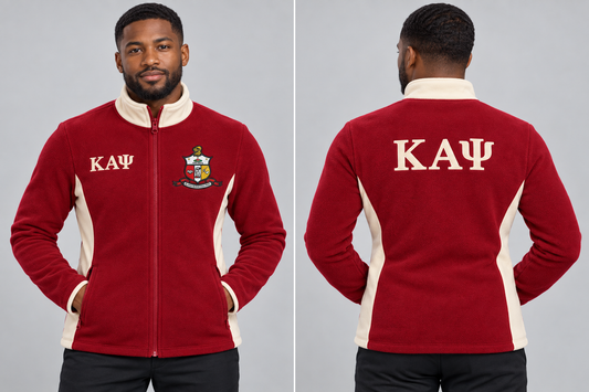 Kappa Alpha Psi fitted Crimson and Cream polar fleece jacket on man model, front and back