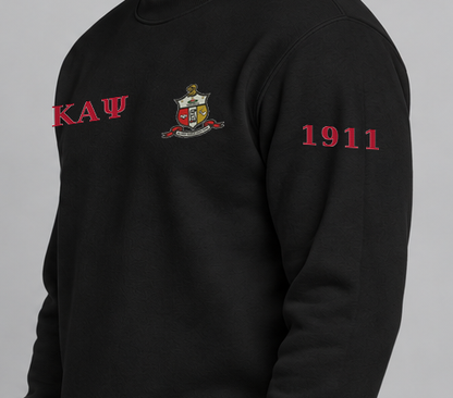 Kappa Alpha Psi premium embroidered black solid crewneck sweatshirt on model - founding year sleeve detail