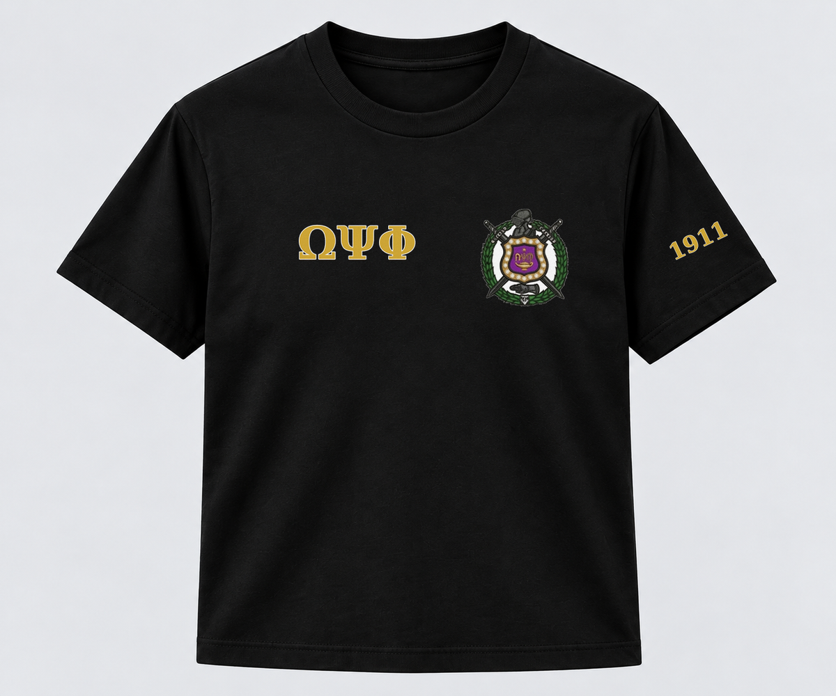 Omega Psi Phi Black classic printed T-shirt — shirt-only mockup