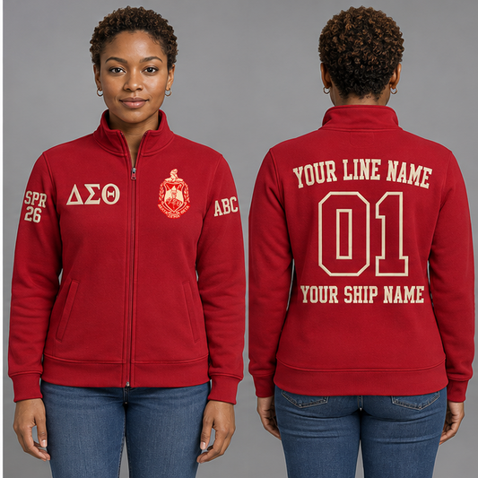Delta Sigma Theta Crimson and Cream personalized full-zip sweatshirt on an adult model, original supplied crest and ΔΣΘ letters, sample line name, line number01, ship name, crossing year and chapter initials.