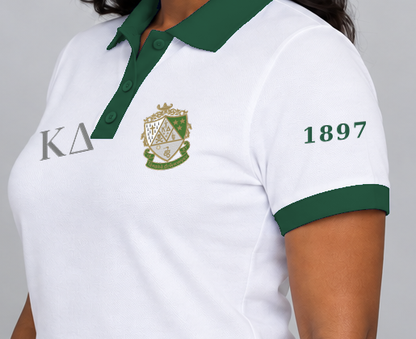 Kappa Delta premium embroidered white solid contrast trim polo on model - founding year sleeve detail