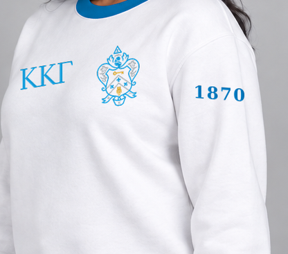 Kappa Kappa Gamma premium embroidered white solid contrast trim crewneck sweatshirt on model - founding year sleeve detail
