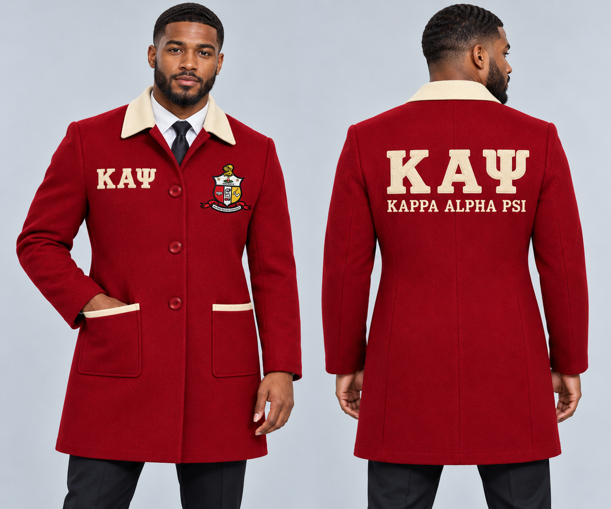 Black male model wearing Kappa Alpha Psi fitted premium wool blend coat in crimson and cream, premium chenille Greek letters and embroidered crest, front and back views.